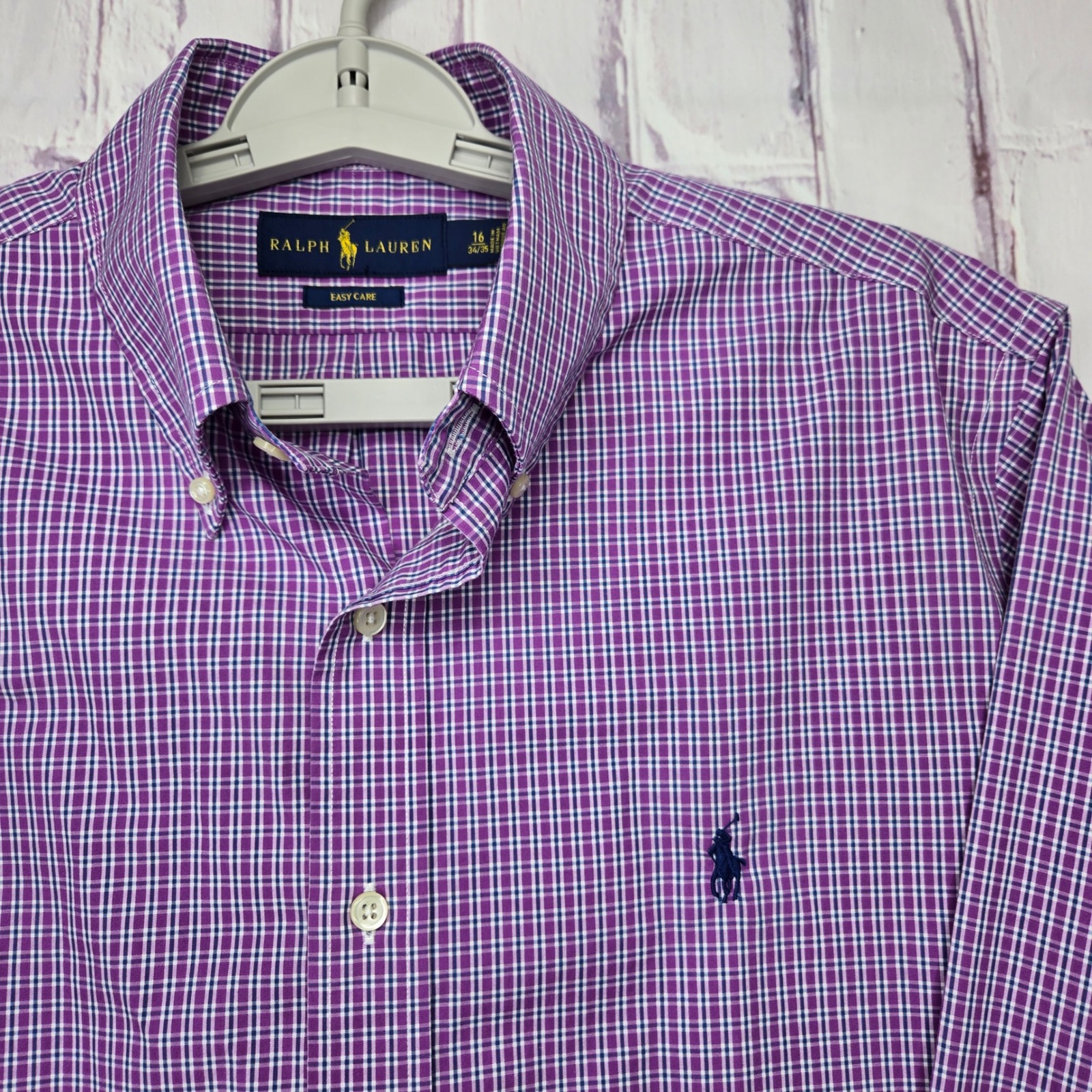 Ralph Lauren Mens Purple White Check Easy Care Button Down Shirt 16 34/35